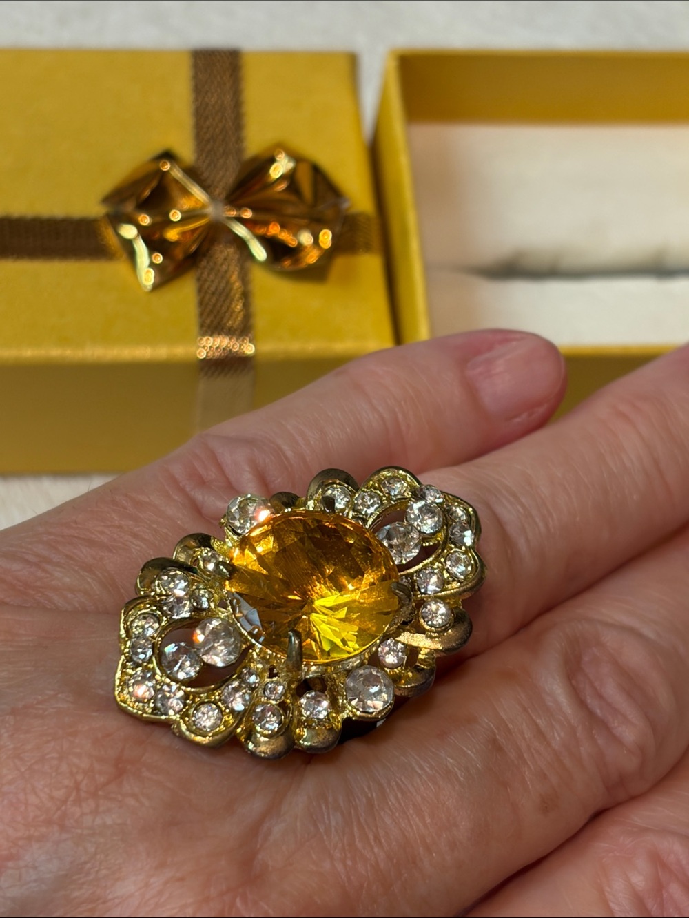 Elegant Yellow Crystal Cocktail Ring - Designer Style